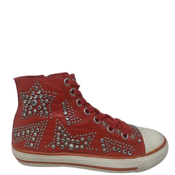 ASH Red Soft Leather High Top Sneakers Silver Studded Stars Distressed Toe 7 Y2K - Picture 13 of 13